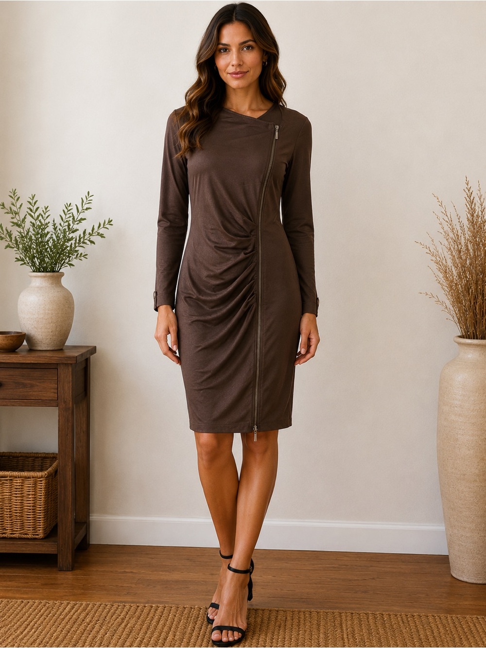 Dolce Vita Brown Faux Leather Ruched Zip Front Dress Size 8